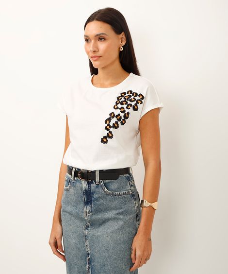 camiseta de algodão manga curta animal print off white