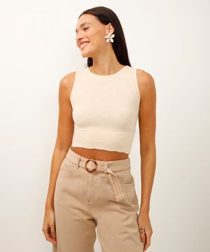 cropped texturizado halterneck alça média bege