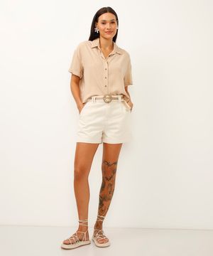 short clochard de sarja cintura alta com cinto off white