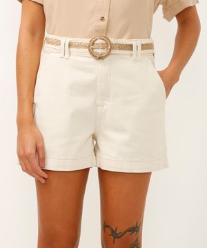 short clochard de sarja cintura alta com cinto off white