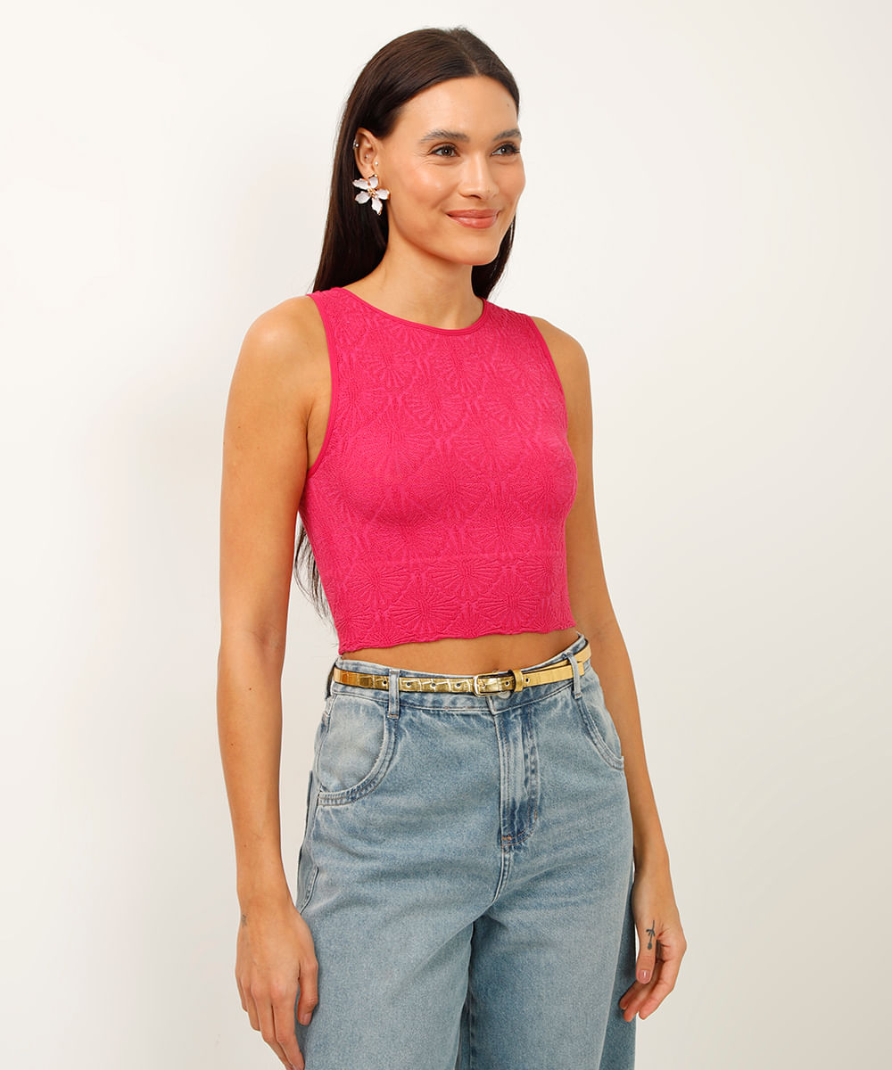 cropped texturizado halterneck alça média rosa