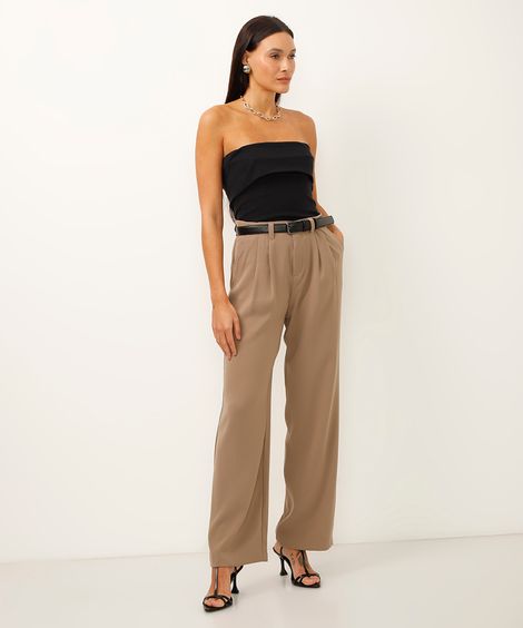calça wide leg de alfaiataria com cinto bege