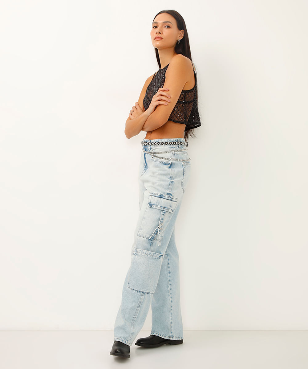 calça wide leg slim jeans bolso cargo azul