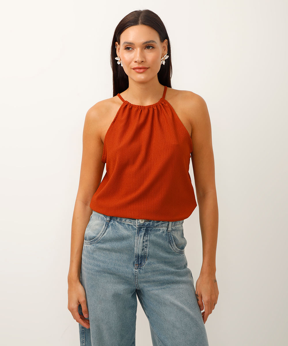 regata cropped halterneck alongada marrom