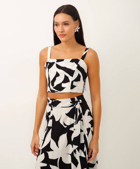 top cropped com alça folhagem preto