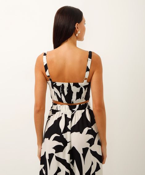 top cropped com alça folhagem preto