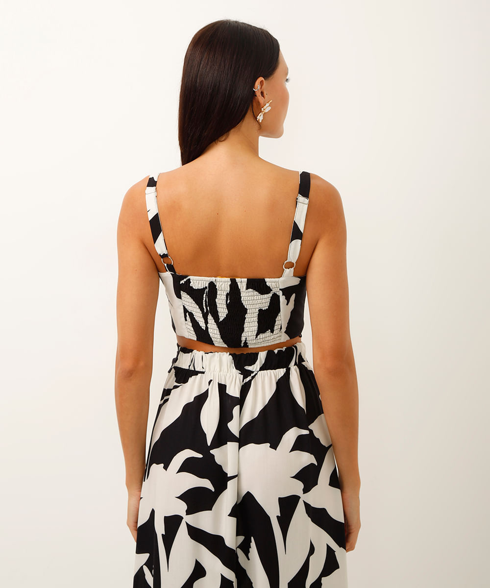 top cropped com alça folhagem preto