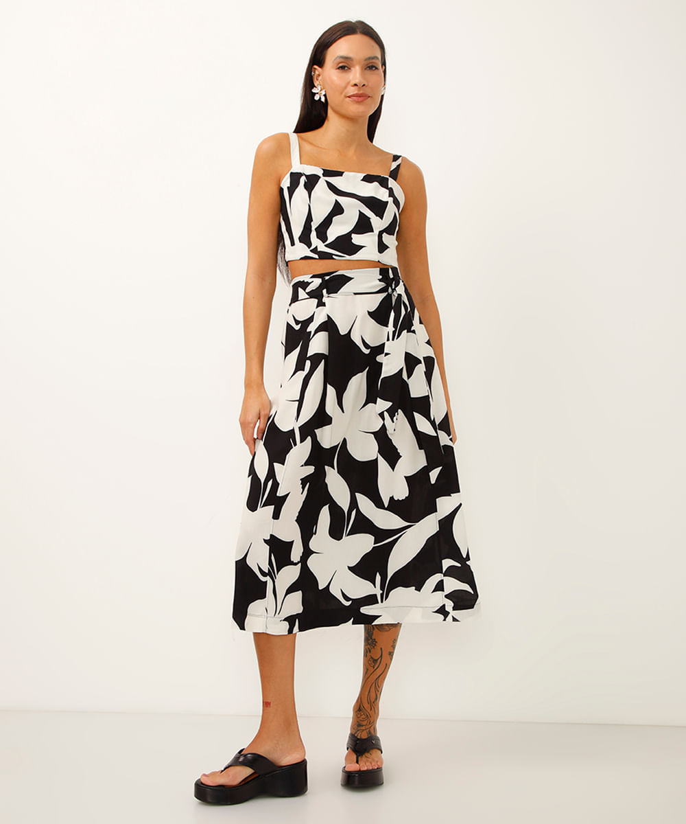 top cropped com alça folhagem preto