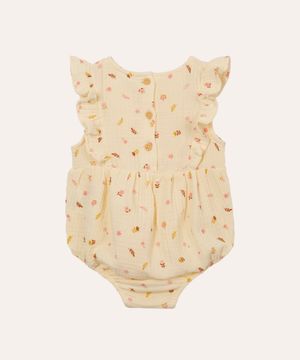 body infantil de algodão floral com babados off white