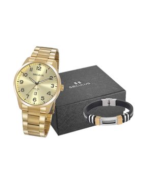 Kit Relógio Masculino Casual Dourado Com Pulseira