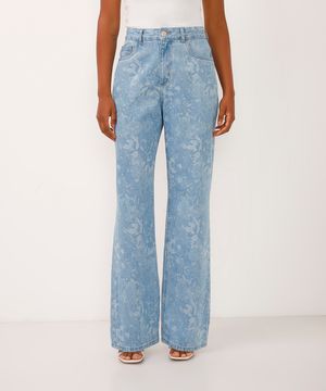 calça wide leg slim jeans cintura alta floral azul