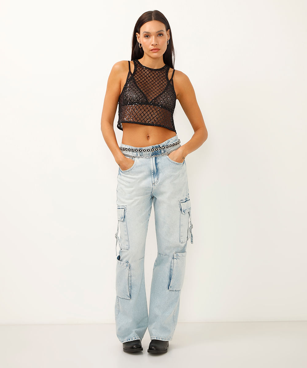 top de tela com strass preto