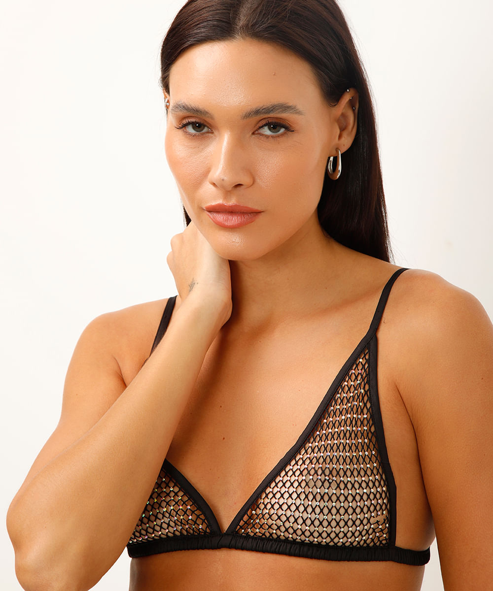 top de tela com strass preto