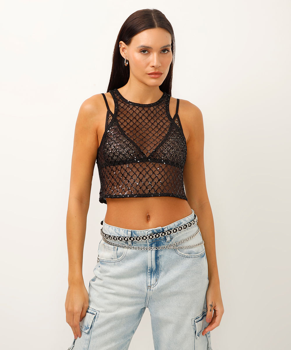 regata cropped halterneck com paête preta