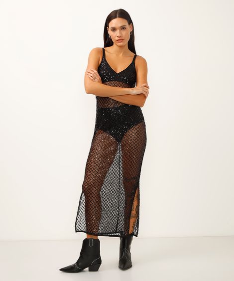 vestido midi alça fina decote v com paête preto