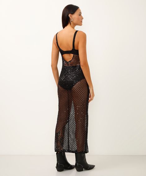 vestido midi alça fina decote v com paête preto
