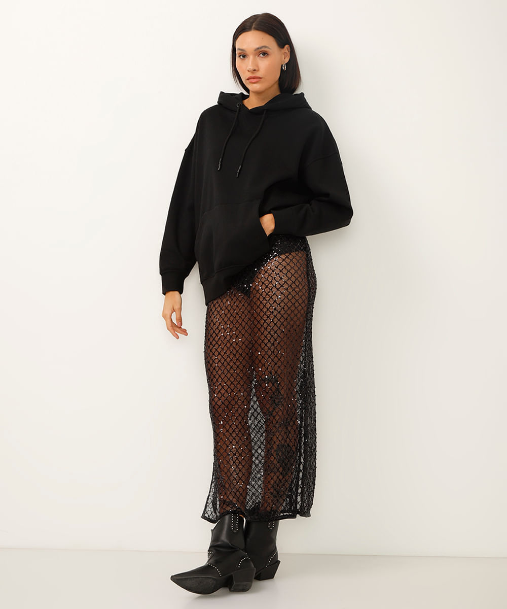 vestido midi alça fina decote v com paête preto