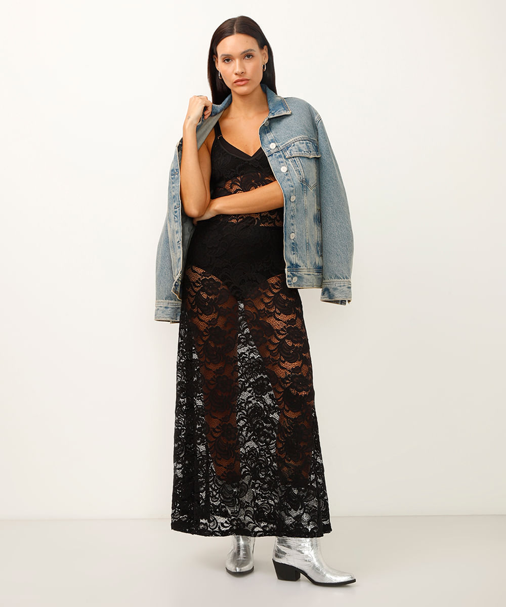vestido midi de renda evasê alças finas preto