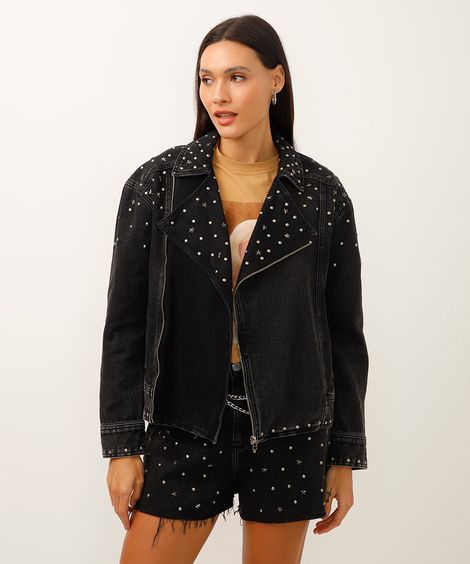jaqueta jeans perfecto com tachas preta