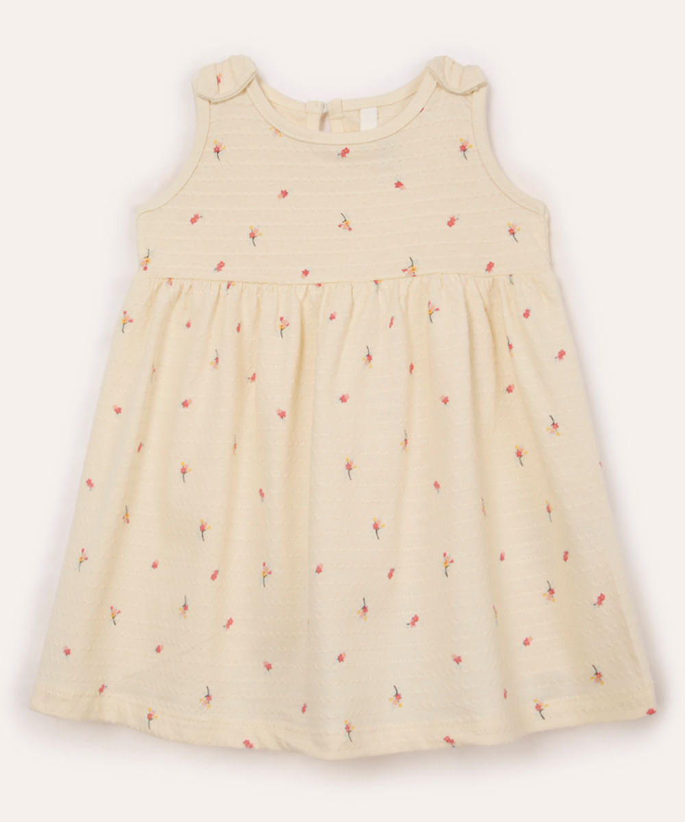 vestido de algodão infantil laços texturizado floral bege