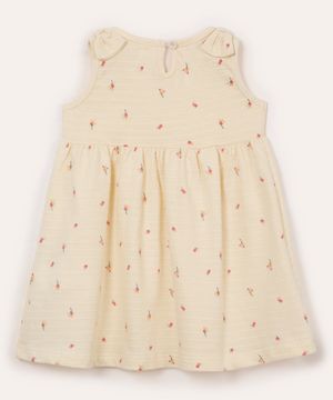 vestido de algodão infantil laços texturizado floral bege