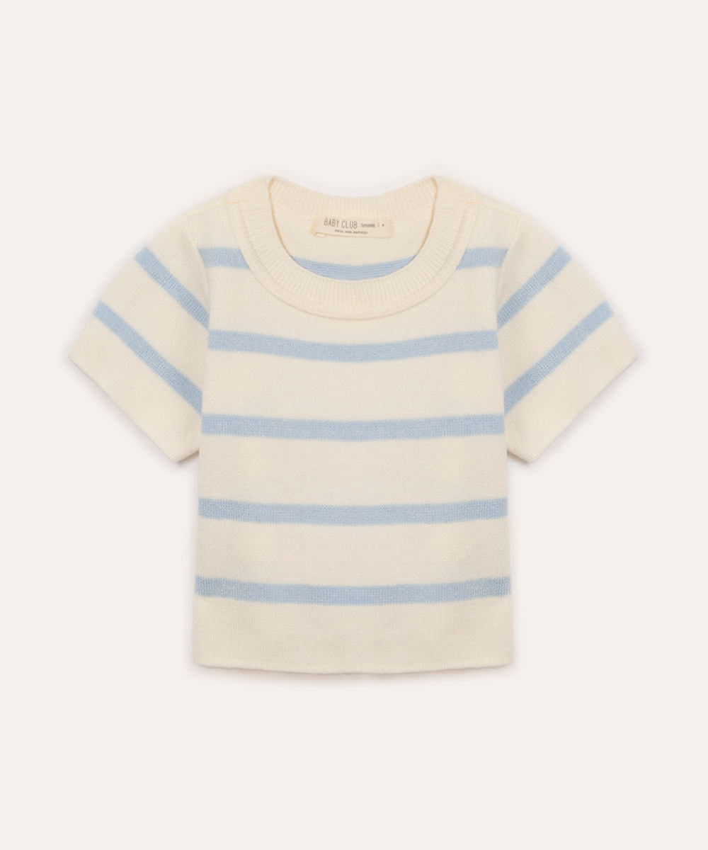 blusa infantil de tricot listrada manga curta azul