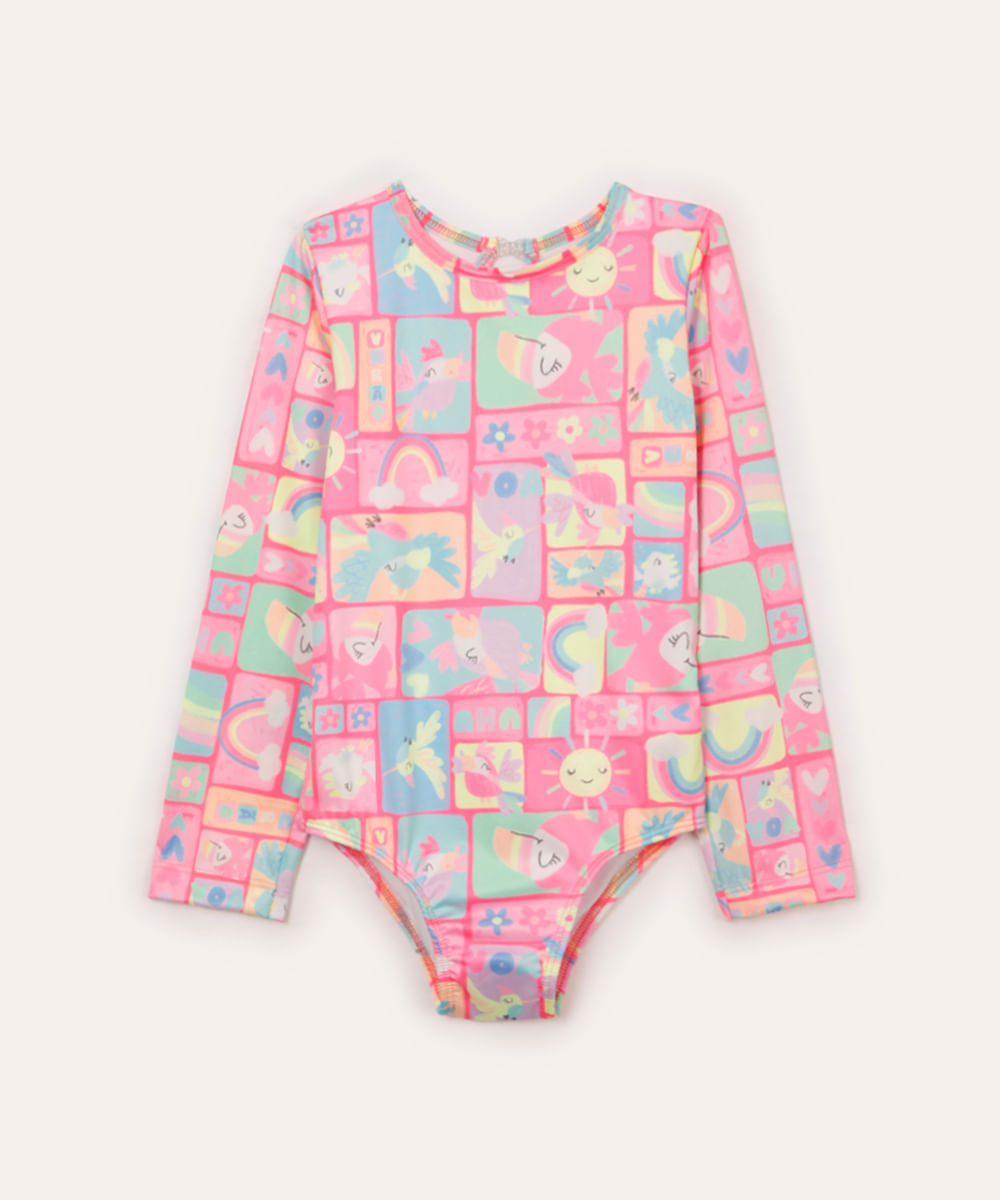 maiô infantil pássaros manga longa com proteção uv rosa