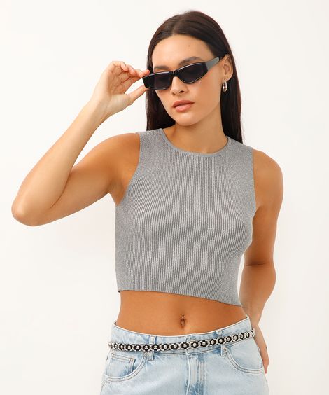 regata cropped halterneck com brilho prateada