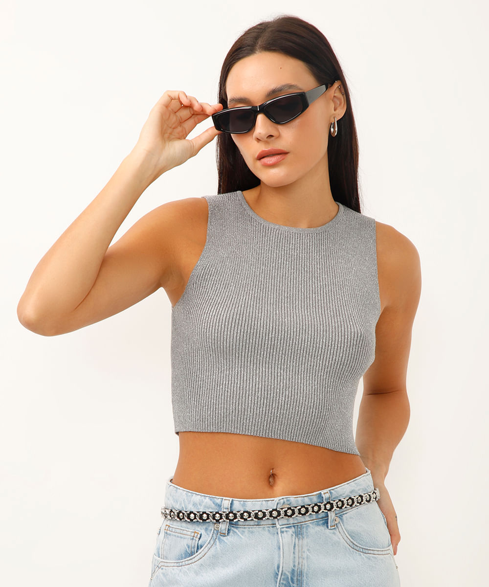 regata cropped halterneck com brilho prateada