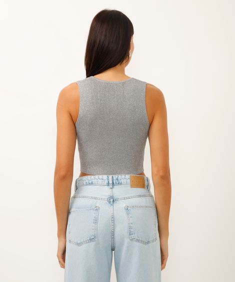 regata cropped halterneck com brilho prateada
