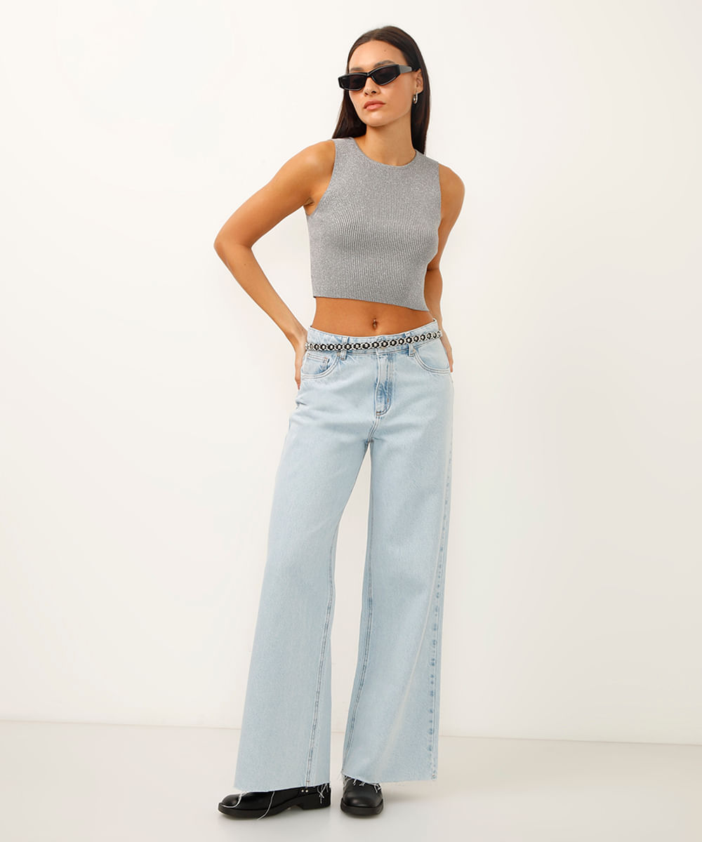 regata cropped halterneck com brilho prateada