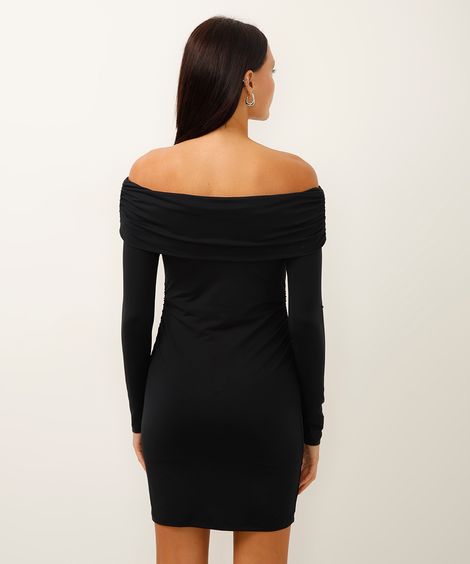 vestido curto ombro a ombro com franzido preto