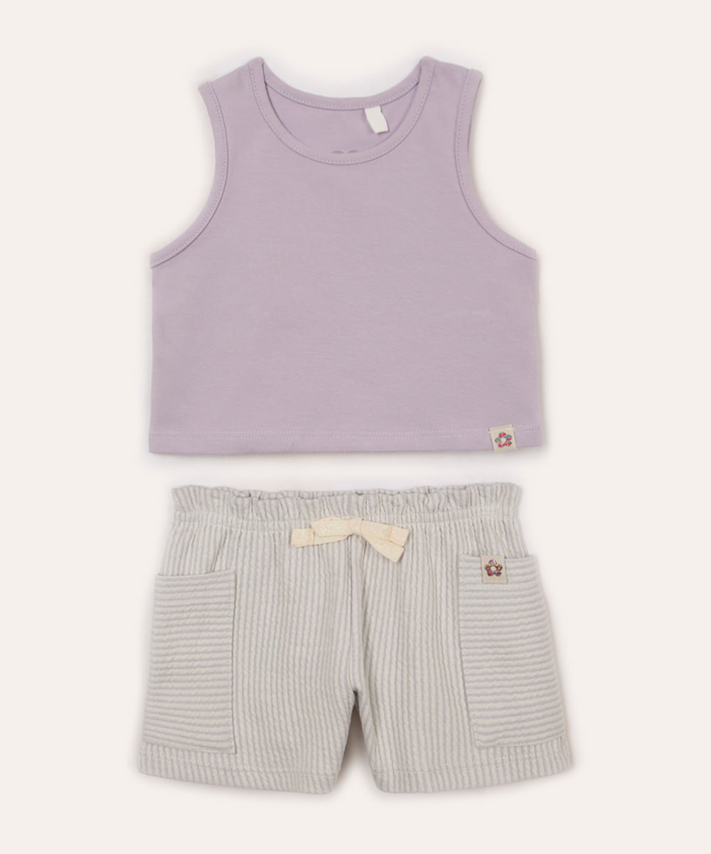 conjunto infantil de algodão regata e short lilás