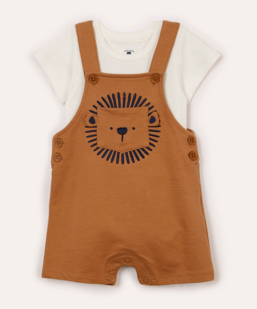 conjunto infantil leão com body e jardineira bege