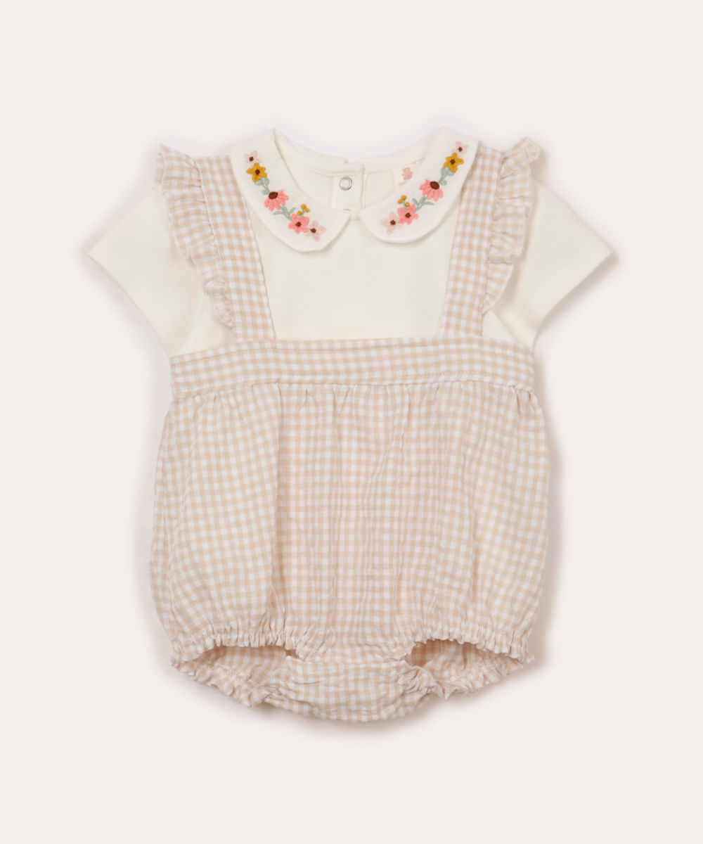 conjunto infantil blusa e jardineira xadrez bege