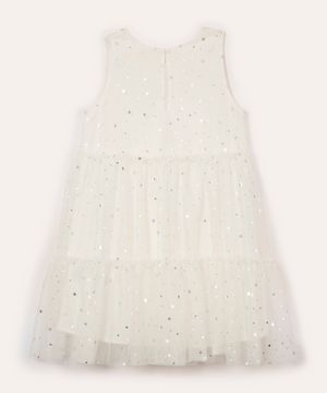 Vestido de Tule Infantil Estampado Floral com Glitter e Recortes Sem Manga Off White