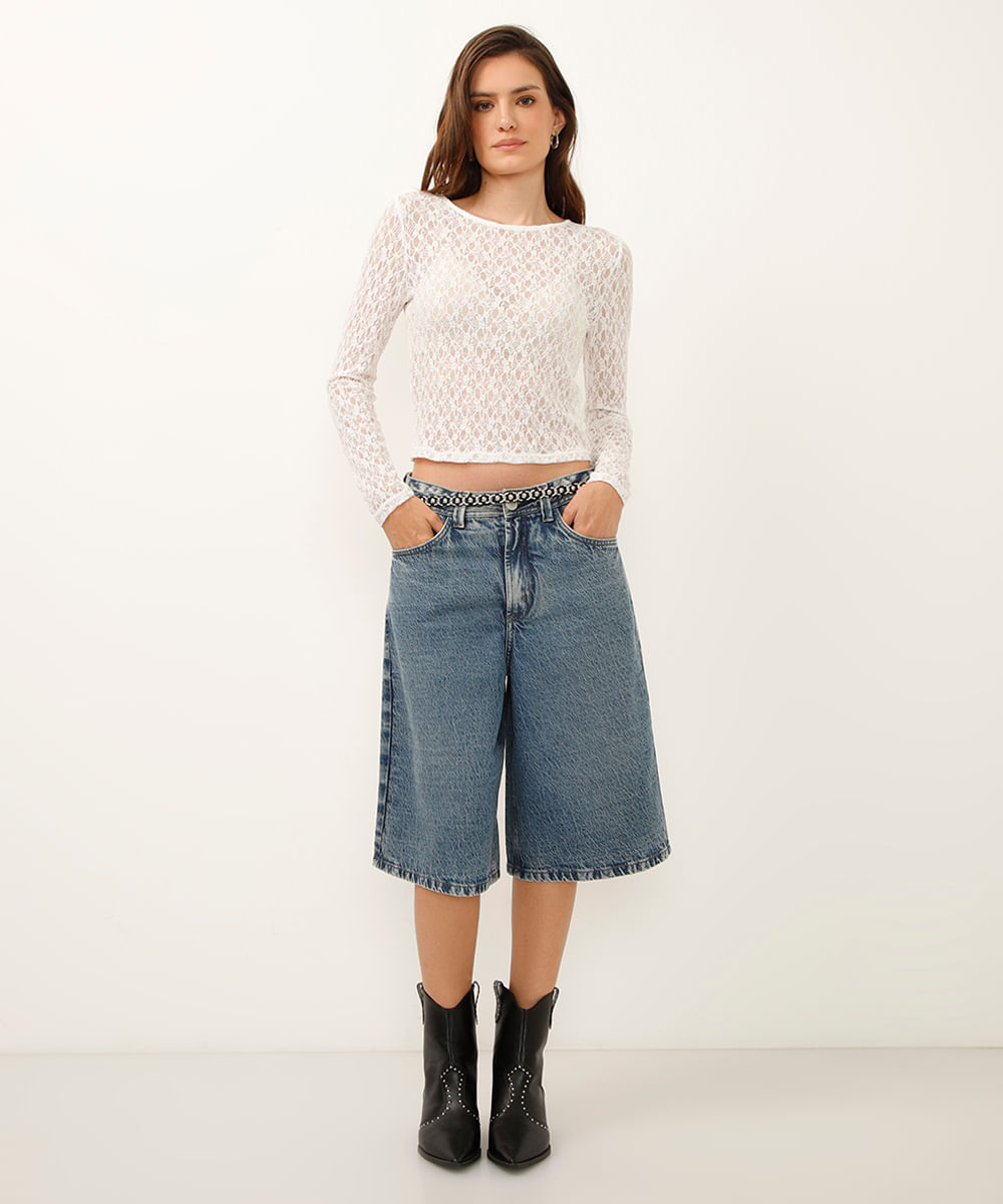 blusa manga longa de renda off white