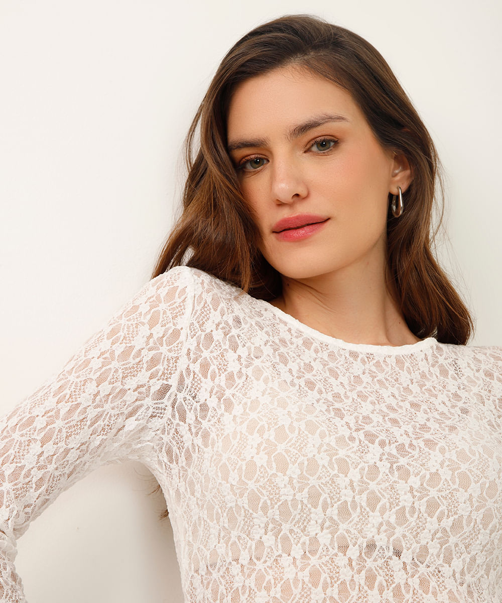 blusa manga longa de renda off white