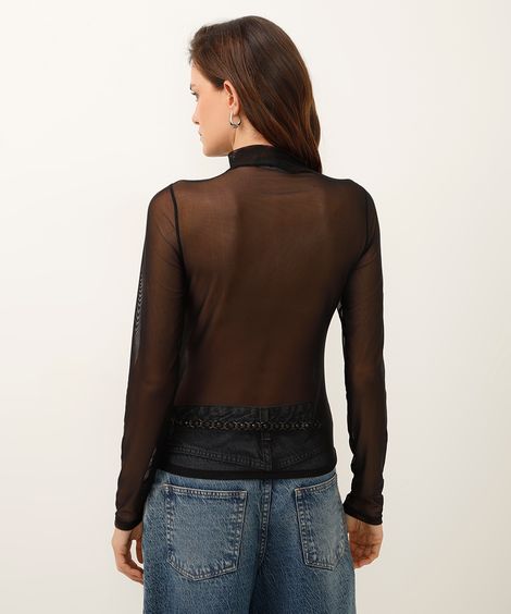 blusa de tule gola alta manga longa preta