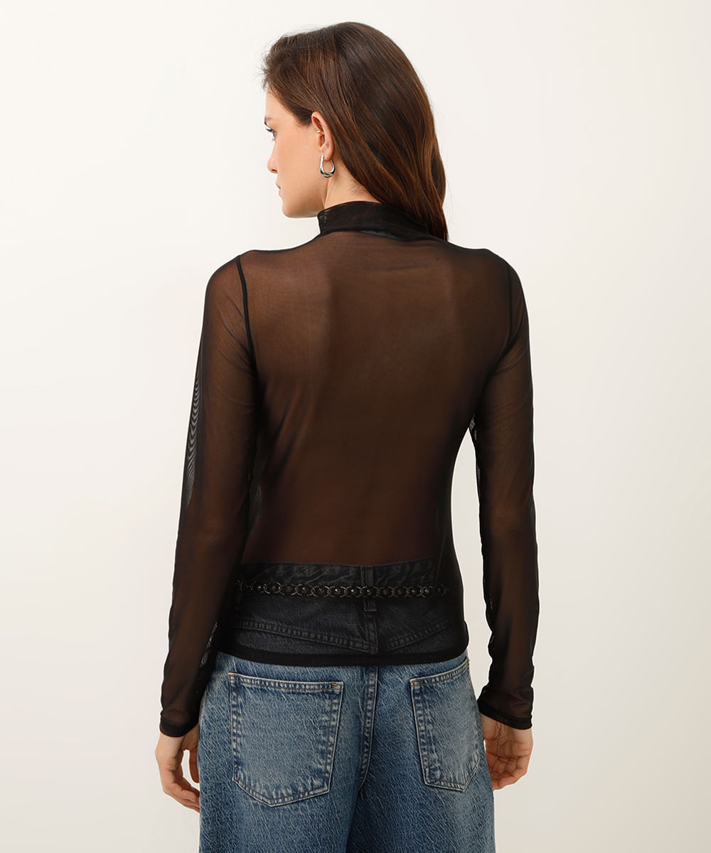 blusa de tule gola alta manga longa preta