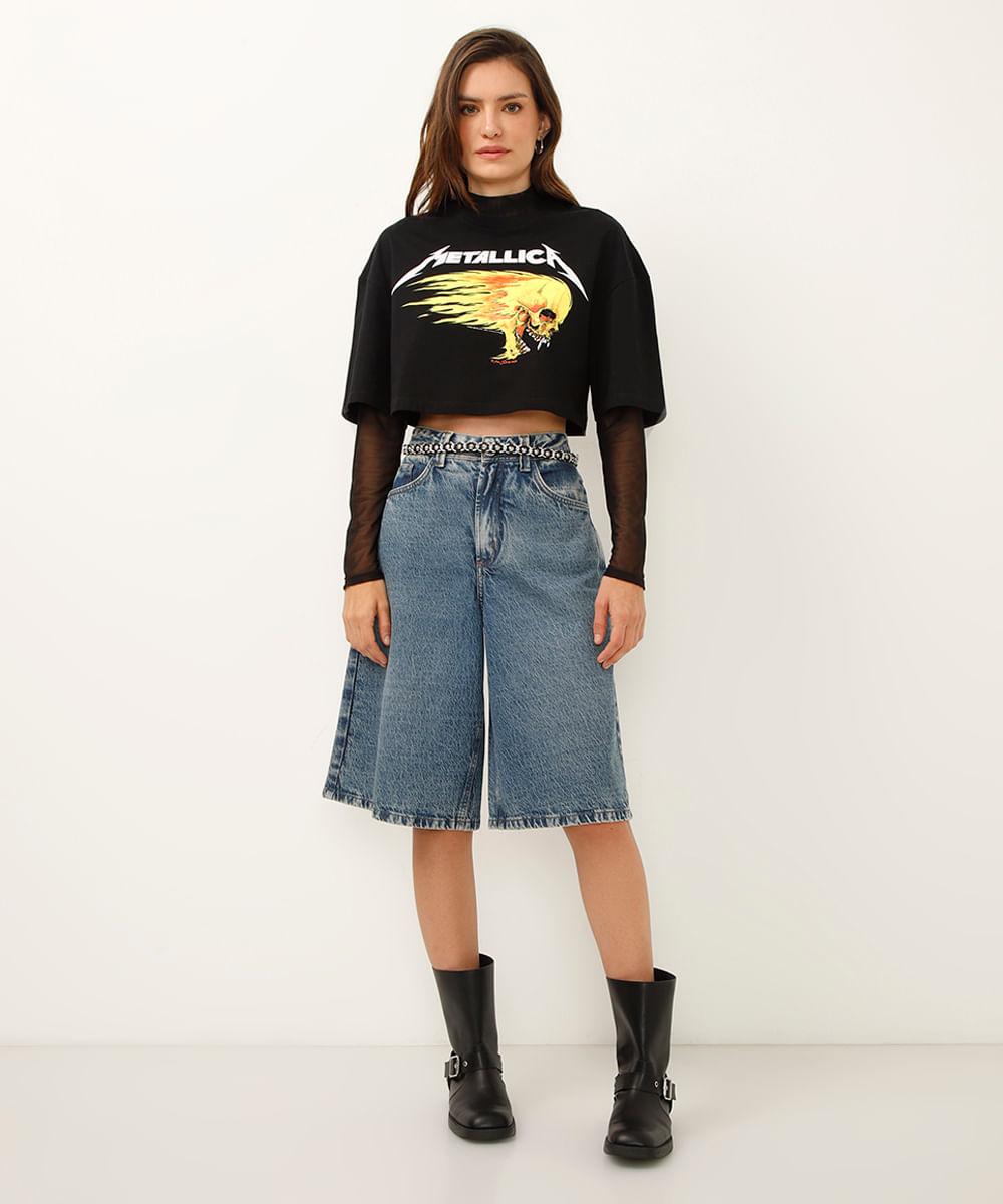 blusa de tule gola alta manga longa preta