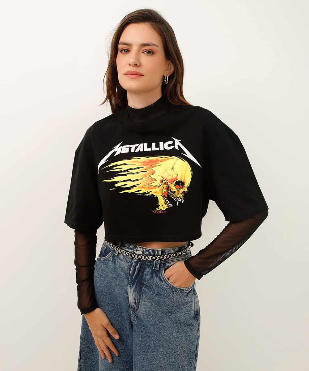 blusa de tule gola alta manga longa preta