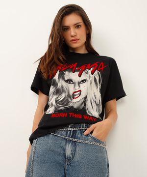 camiseta de algodão manga curta lady gaga preta