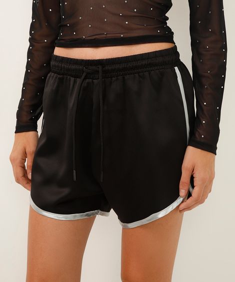 short runner cetim cintura alta com elástico preto