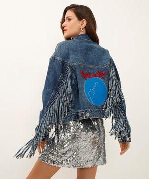 jaqueta jeans com franjas rock in rio azul