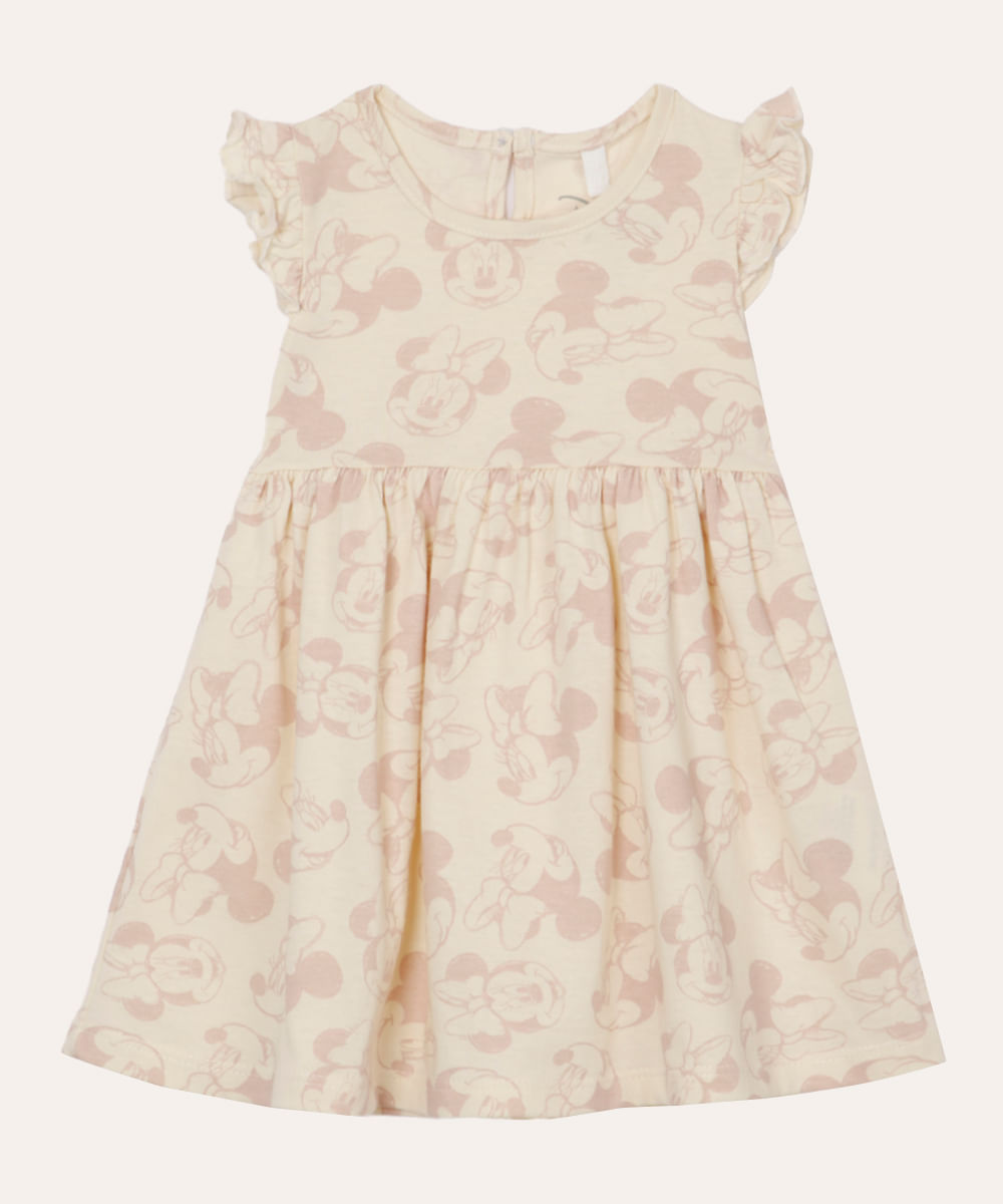 vestido de algodão infantil manga curta minnie bege