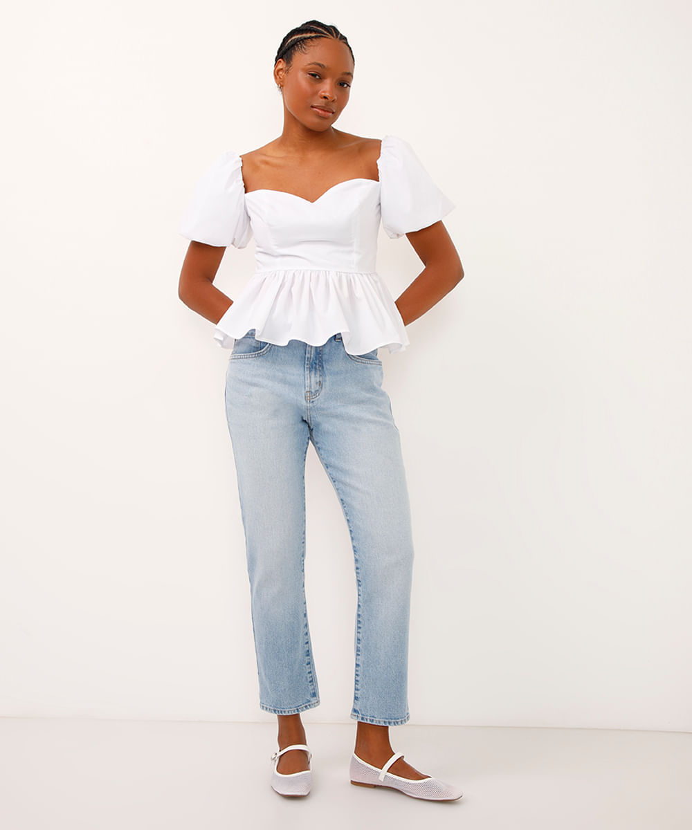 calça reta slim jeans cintura alta azul