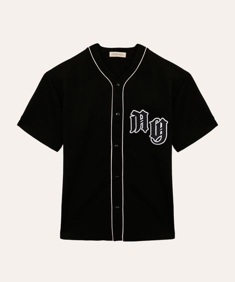 camisa juvenil texturizada com bordado ny preto