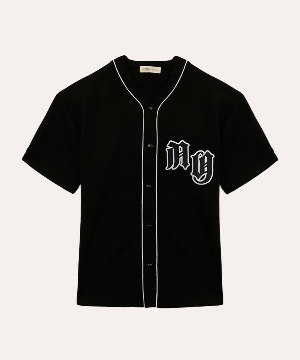 camisa juvenil texturizada com bordado ny preto