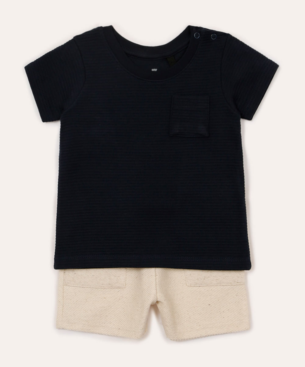 conjunto infantil de algodão texturizado azul marinho